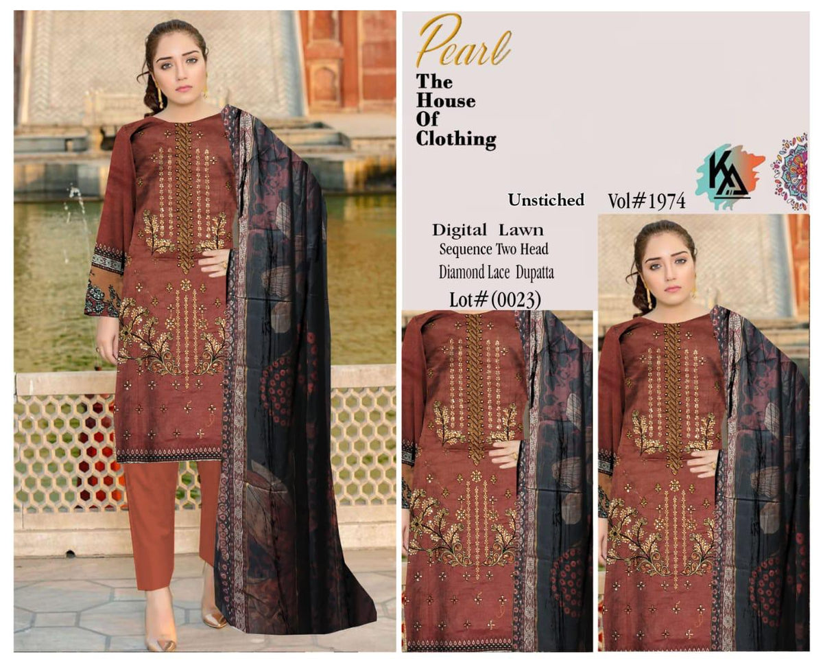 Pearl By Khurram Arts Vol-1974 Lawn Embroidered Suit 08 Brown