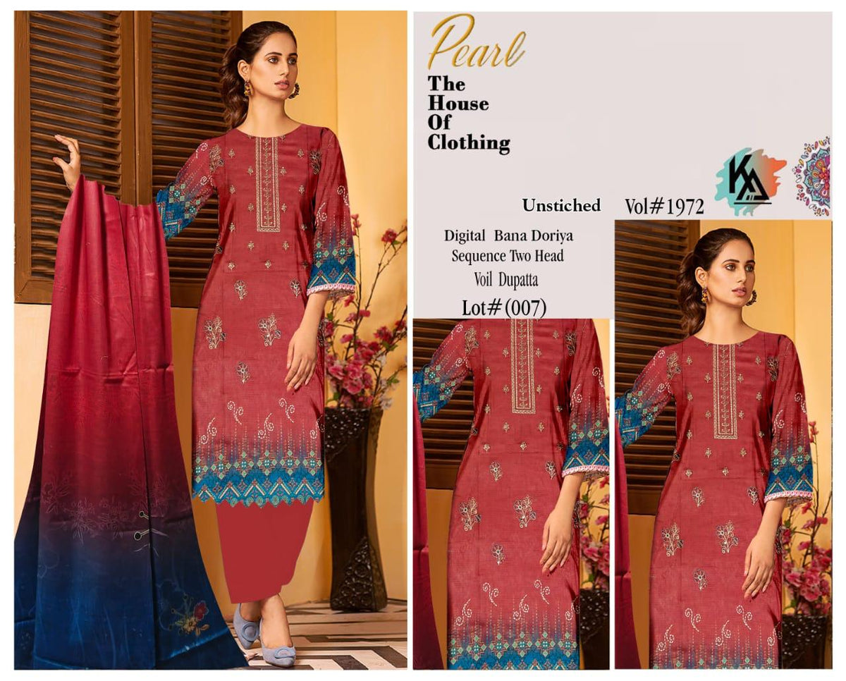 Pearl By Khurram Arts Vol-1972 Lawn Embroidered Suit 07 Red