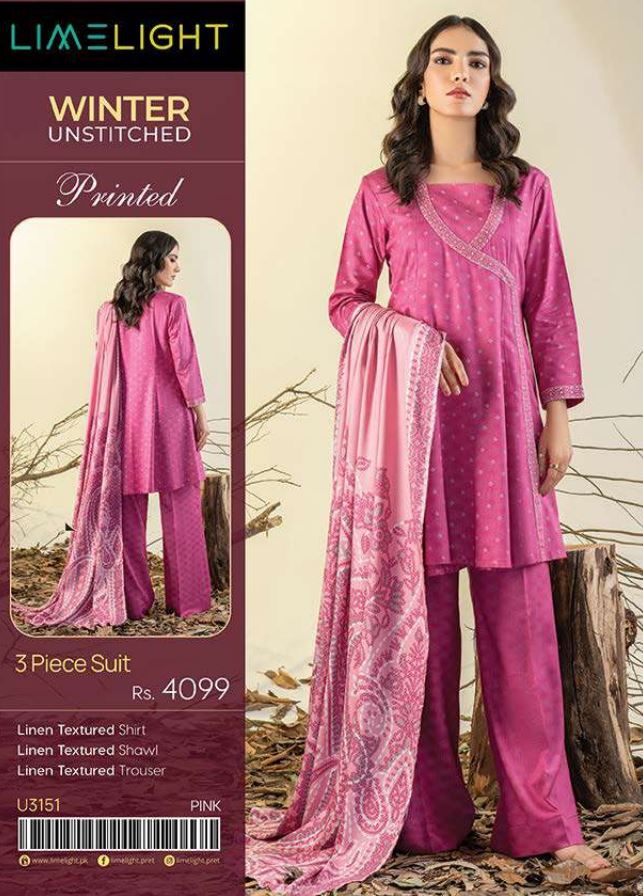 Limelight Winter Unstitched Printed Linen 3PC U3151 Pink
