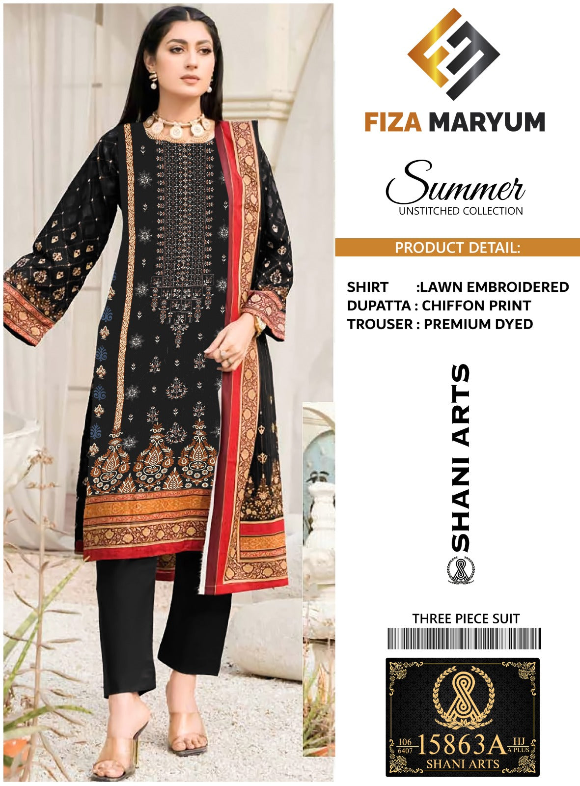 Fiza Maryam By Shani Arts Lawn Embroidered Suit 15863-A Black