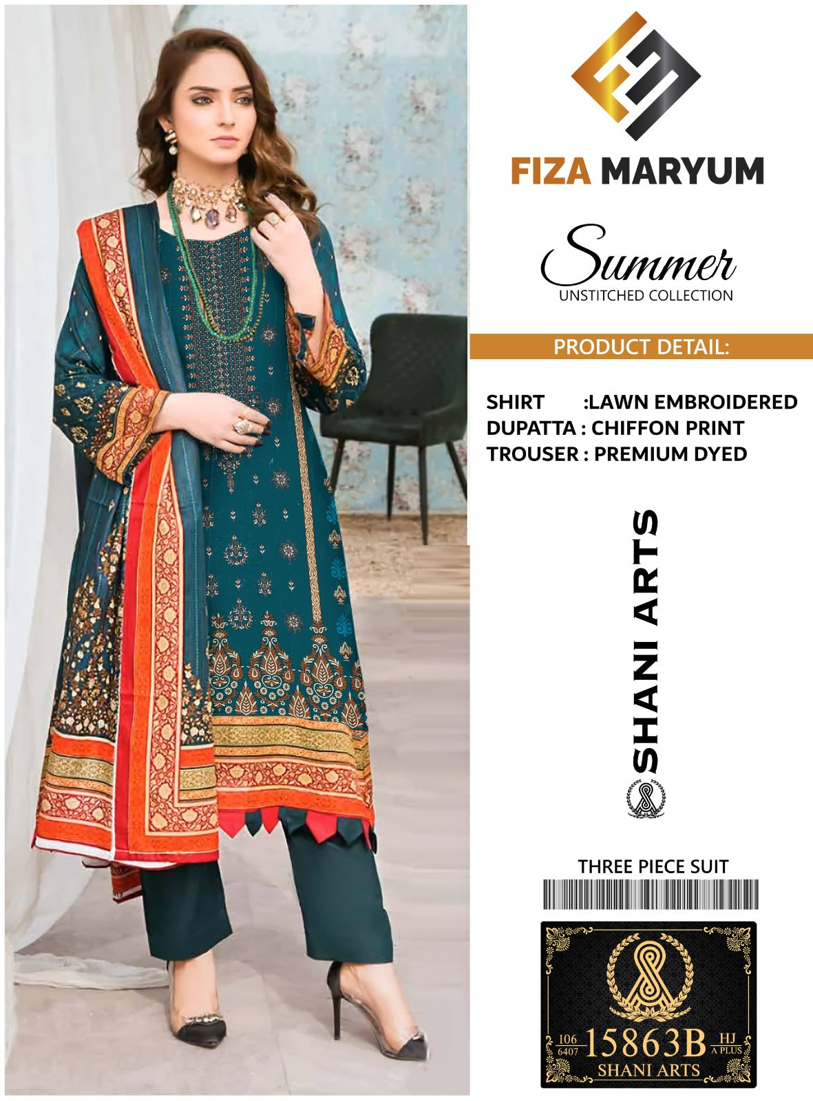 Fiza Maryam By Shani Arts Lawn Embroidered Suit 15863-B D-Zink