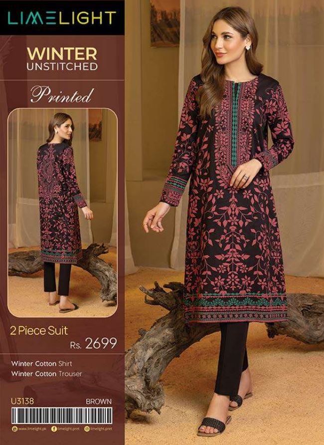 Limelight Winter Unstitched Printed Cotton 2PC  U-3138 Brown