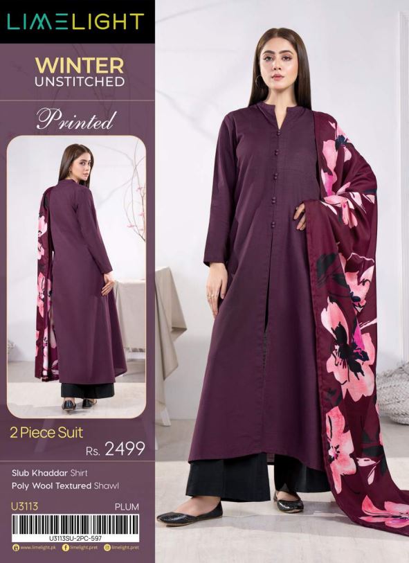 Limelight Winter Unstitched Printed 2pc Suit 3113 Plum