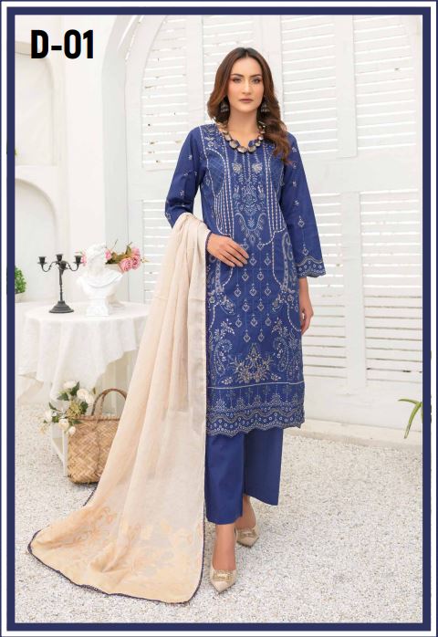 Tabeer By Riaz Arts Lawn Embroidered Suit D-01 Blue