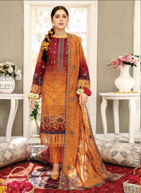Mirha By JB Luxury Embroidered Unstitched 3Pc Suit D-Rust ART-02