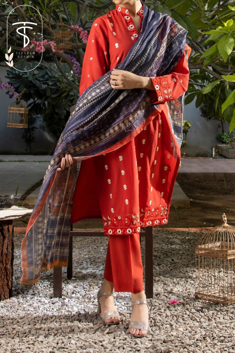 Nazm By Tasneem Shamim 3 Piece Unstitched Embroidered Lawn with Organza Dupatta 02-Ruby Red
