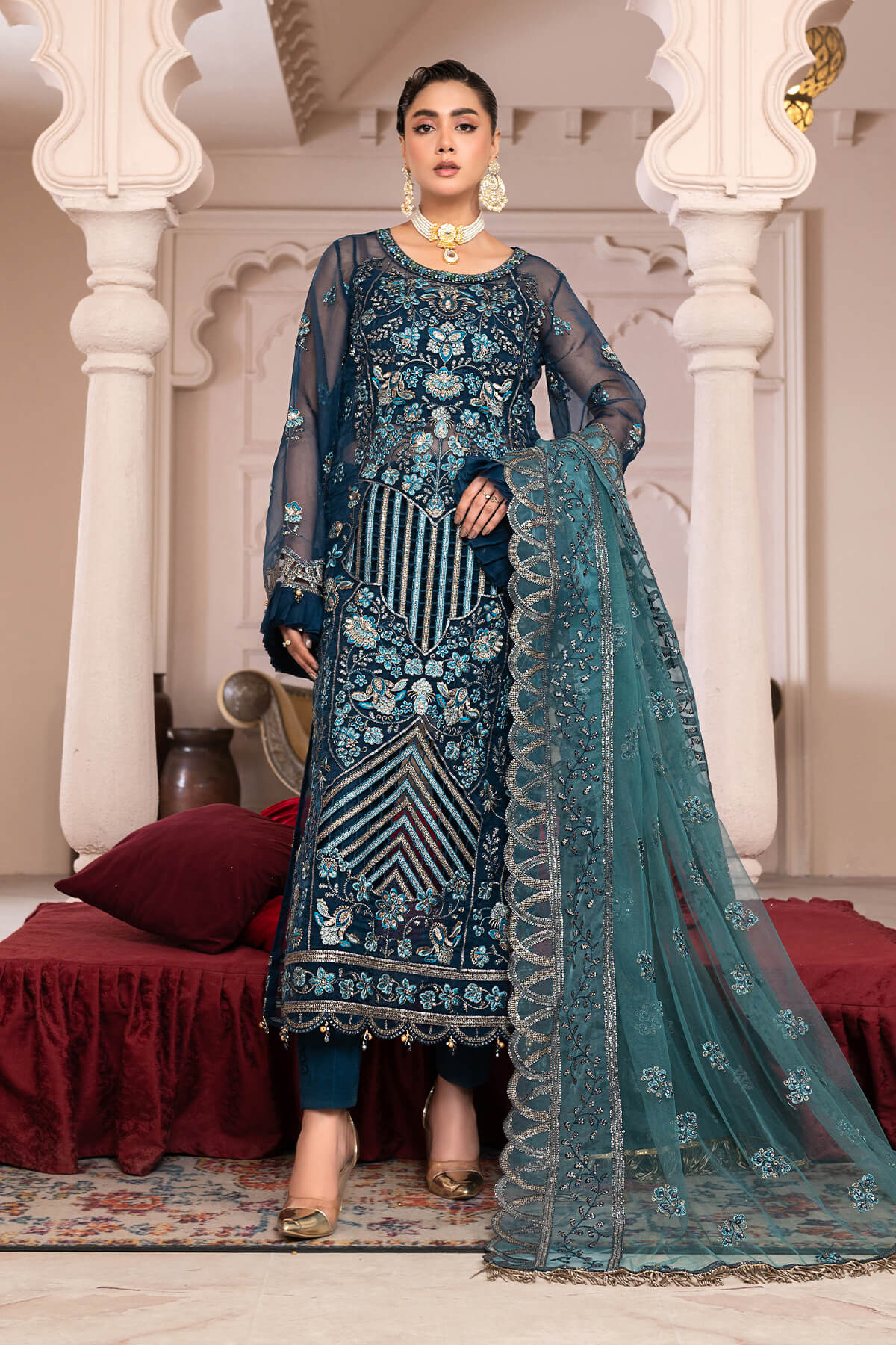JJ By Janique Embellished Embroidered Organza 3PC Suit  D-002
