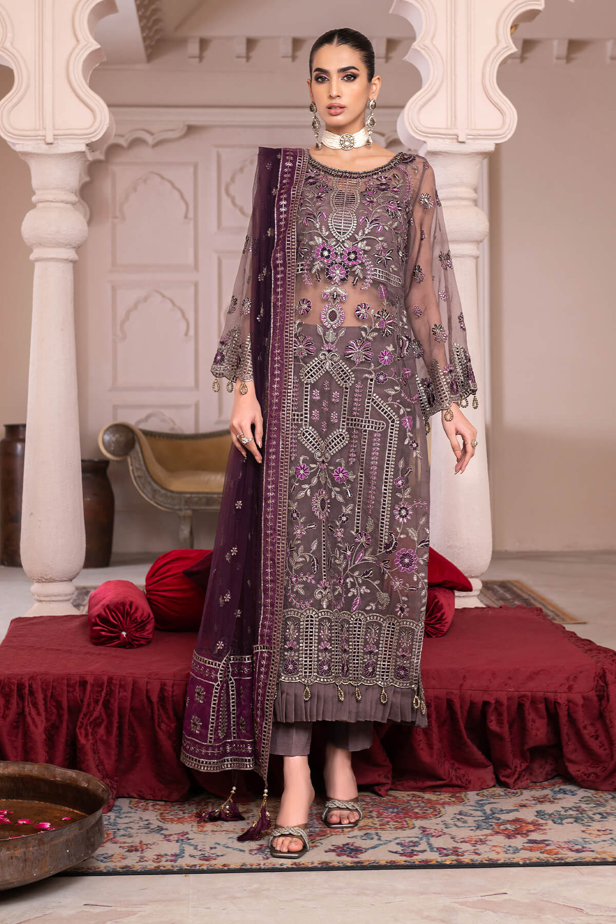 JJ By Janique Embellished Embroidered Organza 3PC Suit D-004