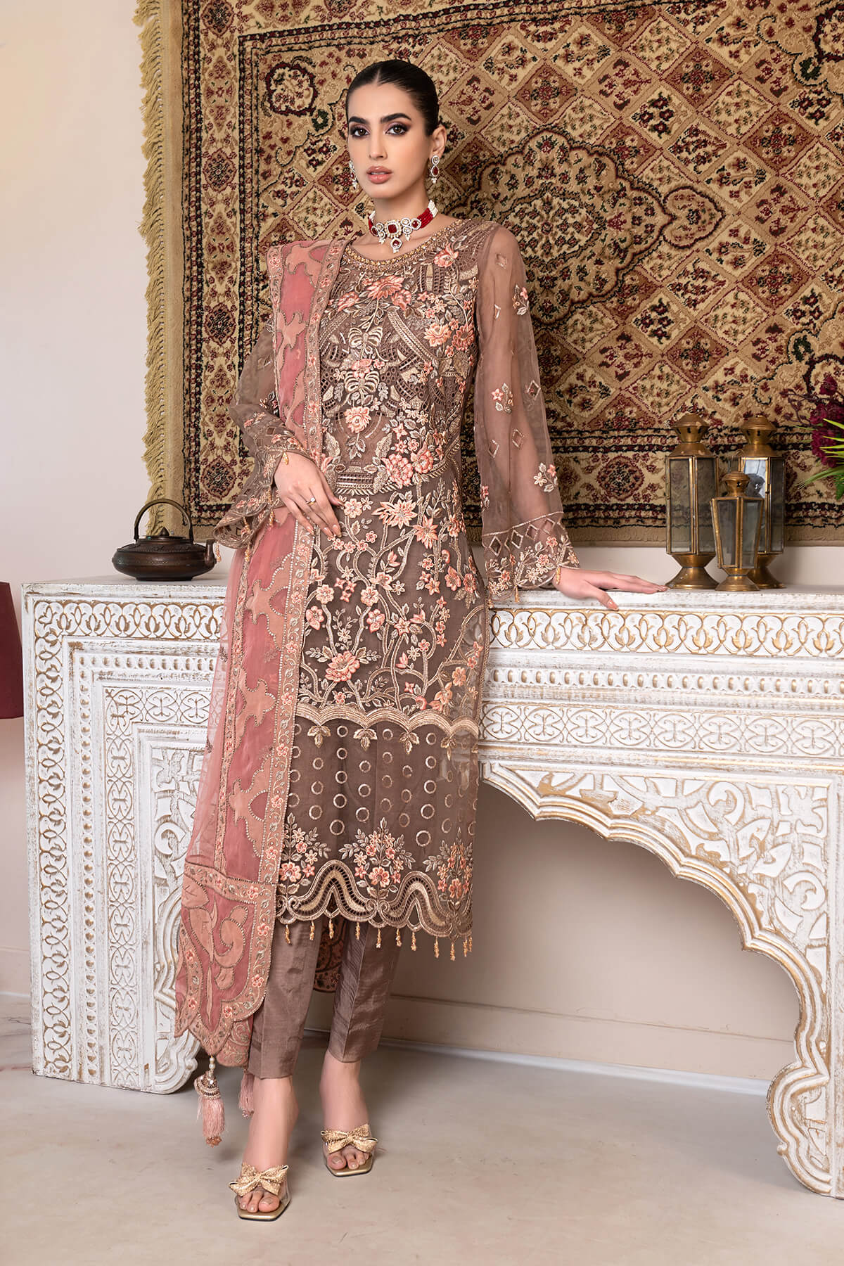 JJ By Janique Embellished Embroidered Organza 3PC Suit D-005