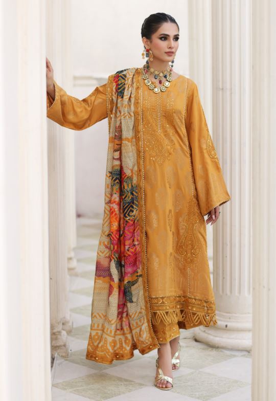 Malhaar By Charizma Embroidered Linen Suit CHW-05 Mustard
