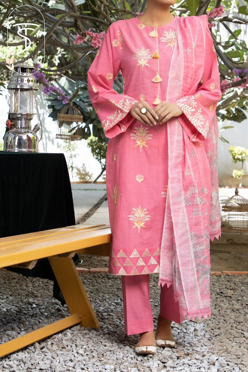Nazm By Tasneem Shamim 3 Piece Unstitched Embroidered Lawn with Organza Dupatta 05-Punch Pink