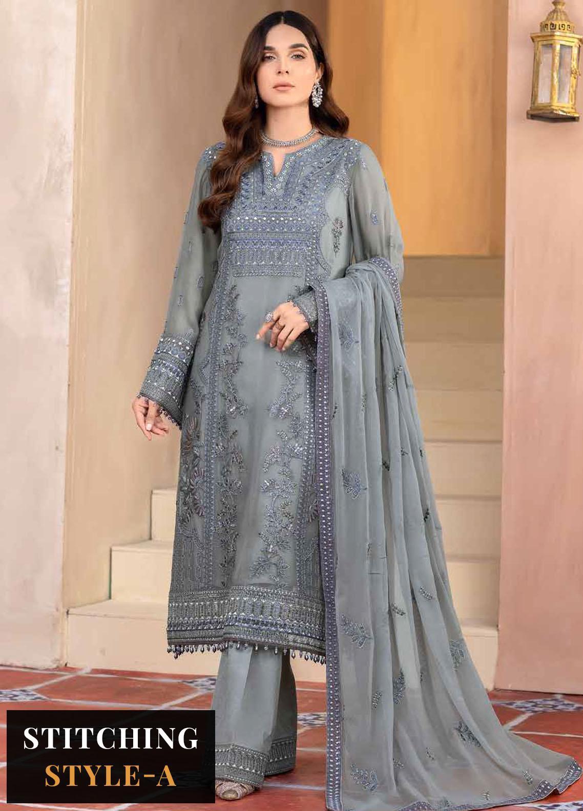 Elnaz By Flossie Embroidered Chiffon Suits Unstitched 3 Piece E-108 Ultimate Grey