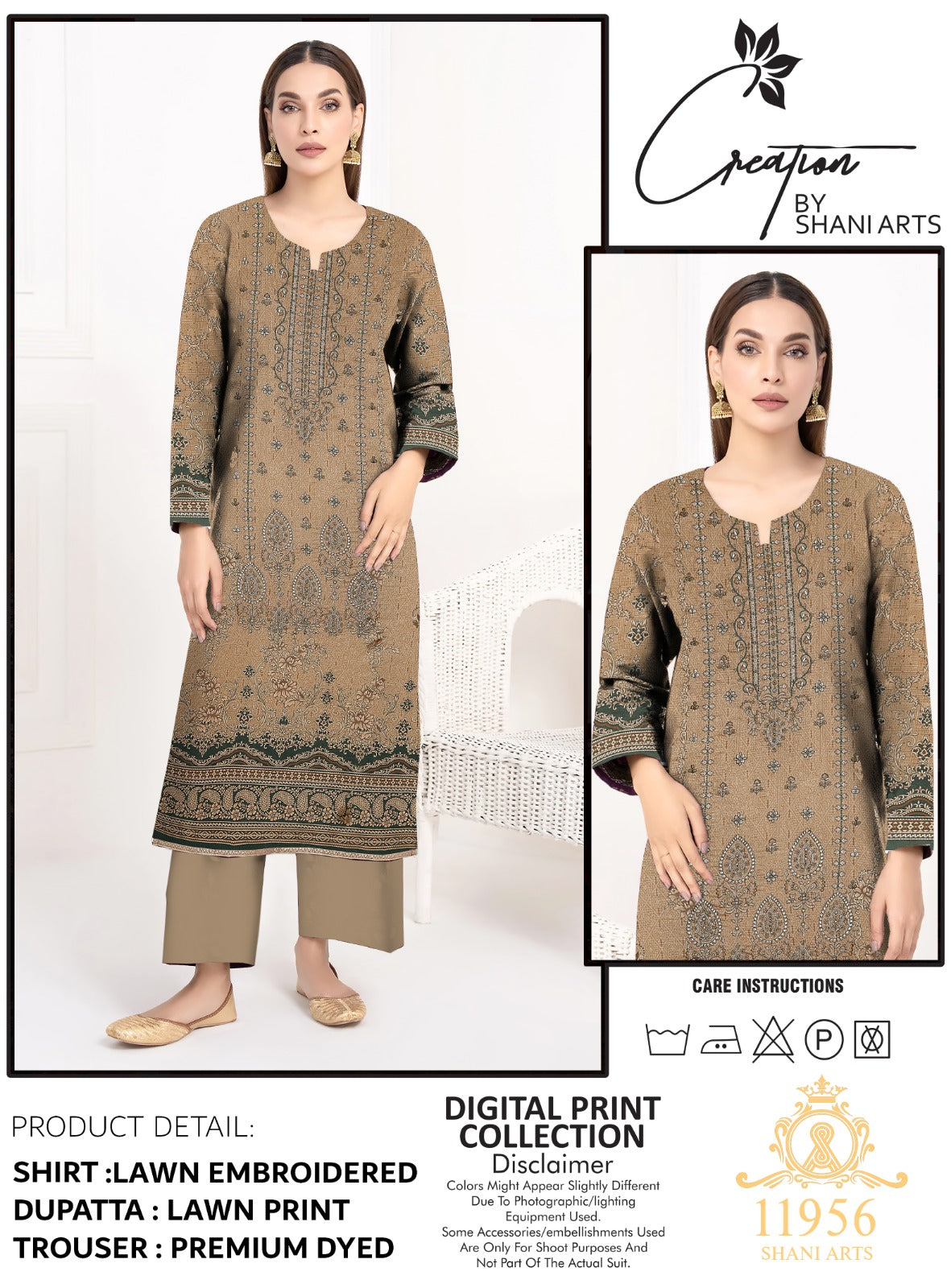 Creation By Shani Arts Lawn Embroidered Suit 11956 Camel