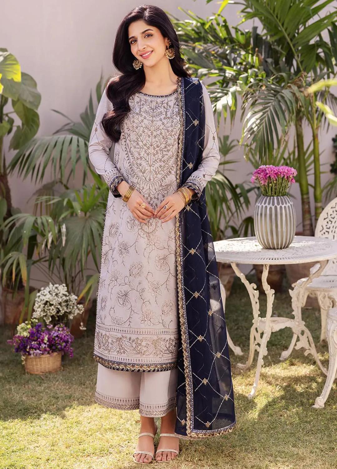 Dhanak Rang By Asim Jofa Silk Embroidered Suit AJCF-13 L-Gray