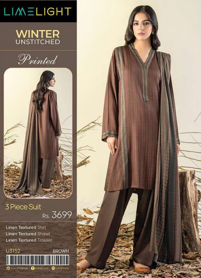 Limelight Winter Unstitched Printed Linen 3PC U3152 Brown