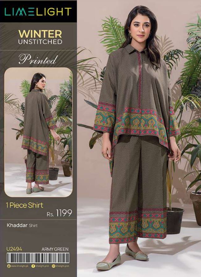 Limelight Winter Unstitched Printed Khaddar Shirt U2494 Army Green