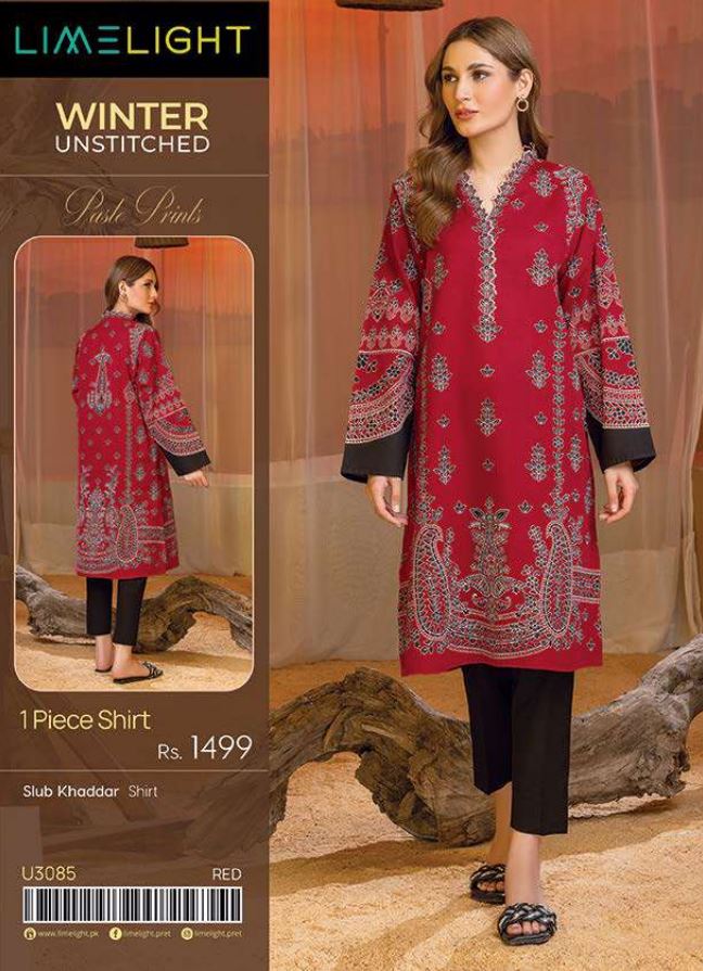 Limelight Winter Unstitched Printed Khaddar Shirt U3085 Red