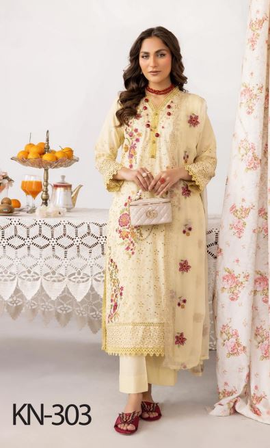 Nafasat By Khoobsurat Lawn Embroidered Suit KN-303 Lemon