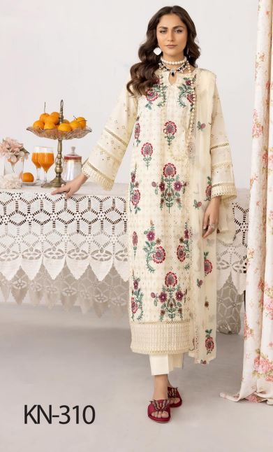 Nafasat By Khoobsurat Lawn Embroidered Suit KN-310 Off White