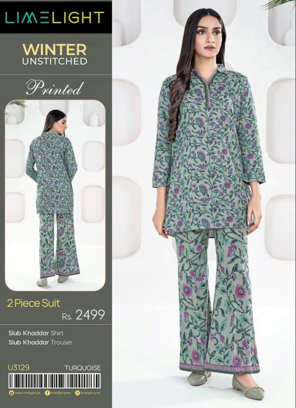 Limelight Winter Unstitched Printed 2pc Suit 3129 Turquoise