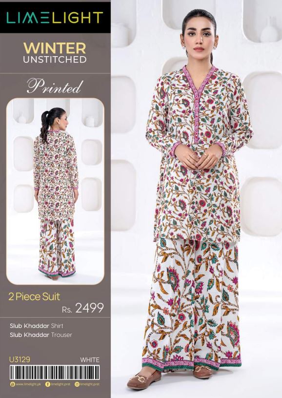 Limelight Winter Unstitched Printed 2pc Suit 3129 White