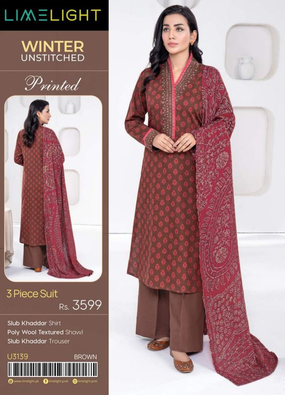Limelight Winter Unstitched Printed 3pc Suit 3139 Brown