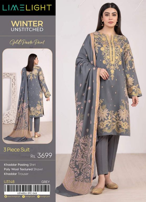 Limelight Winter Unstitched Printed 3pc Suit 3148 Gray