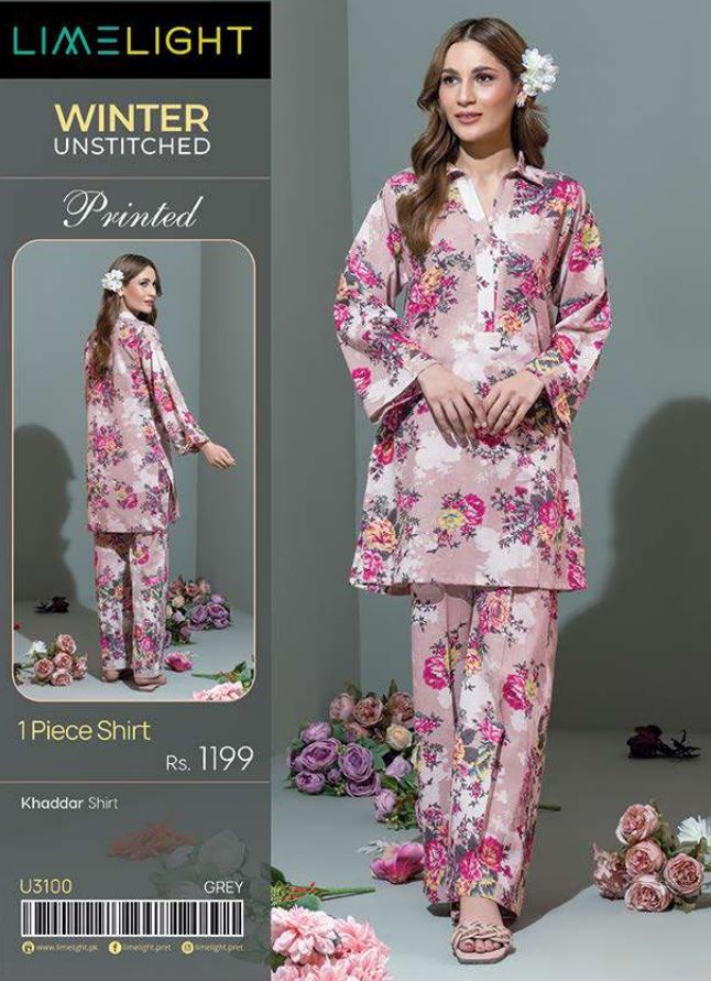 Limelight Winter Unstitched Printed Khaddar Shirt U3100 Pink