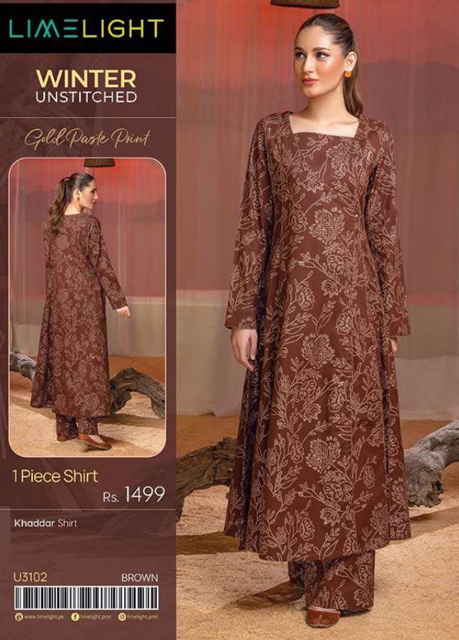 Limelight Winter Unstitched Printed Khaddar Shirt U3102 Brown