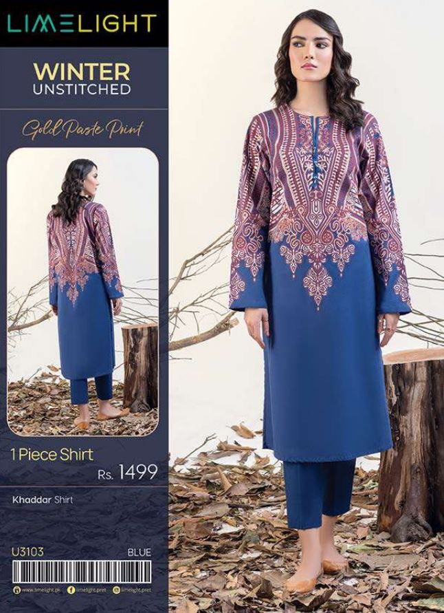 Limelight Winter Unstitched Printed Khaddar Shirt U3103 Blue
