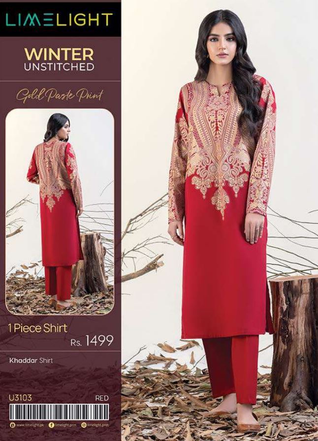Limelight Winter Unstitched Printed Khaddar Shirt U3103 Red