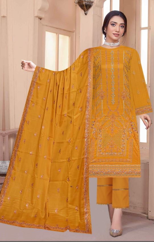 Emilia By Fine Arts Lawn Embroidered Suit D-03 Mustard