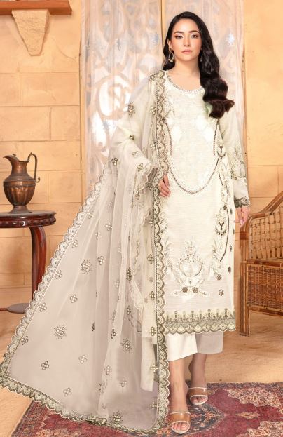 Zamda By Mah E Rooh Lawn Embroidered Suit MS-7403 Cream