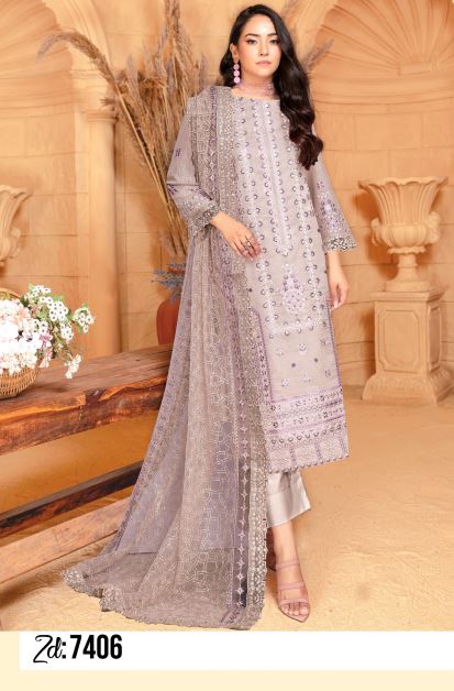 Zamda By Mah E Rooh Lawn Embroidered Suit MS-7406 Beige