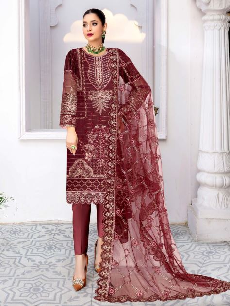 Safeena By Mah E Rooh Lawn Embroidered Suit SF-7703 D-Maroon
