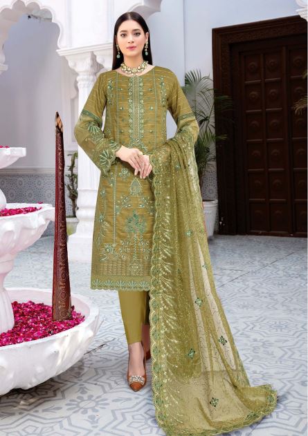 Safeena By Mah E Rooh Lawn Embroidered Suit SF-7705 Mehndi
