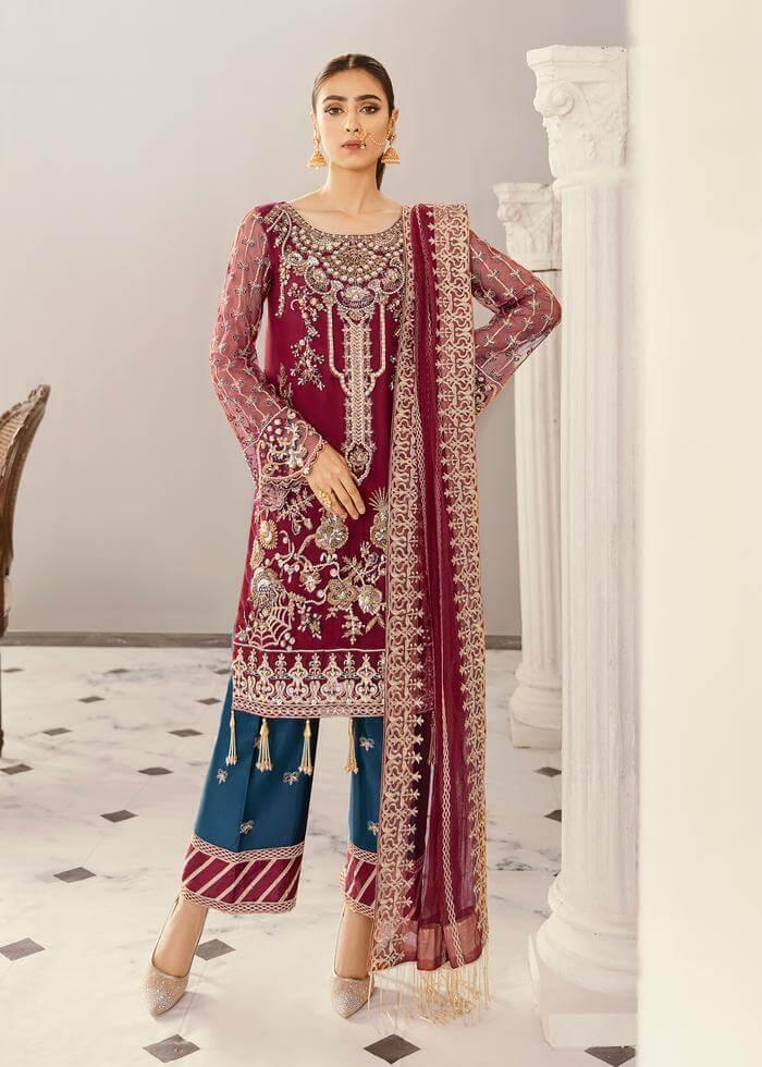 Agave By Akbar Aslam Net Embroidered Suit AAWC-1338 Maroon