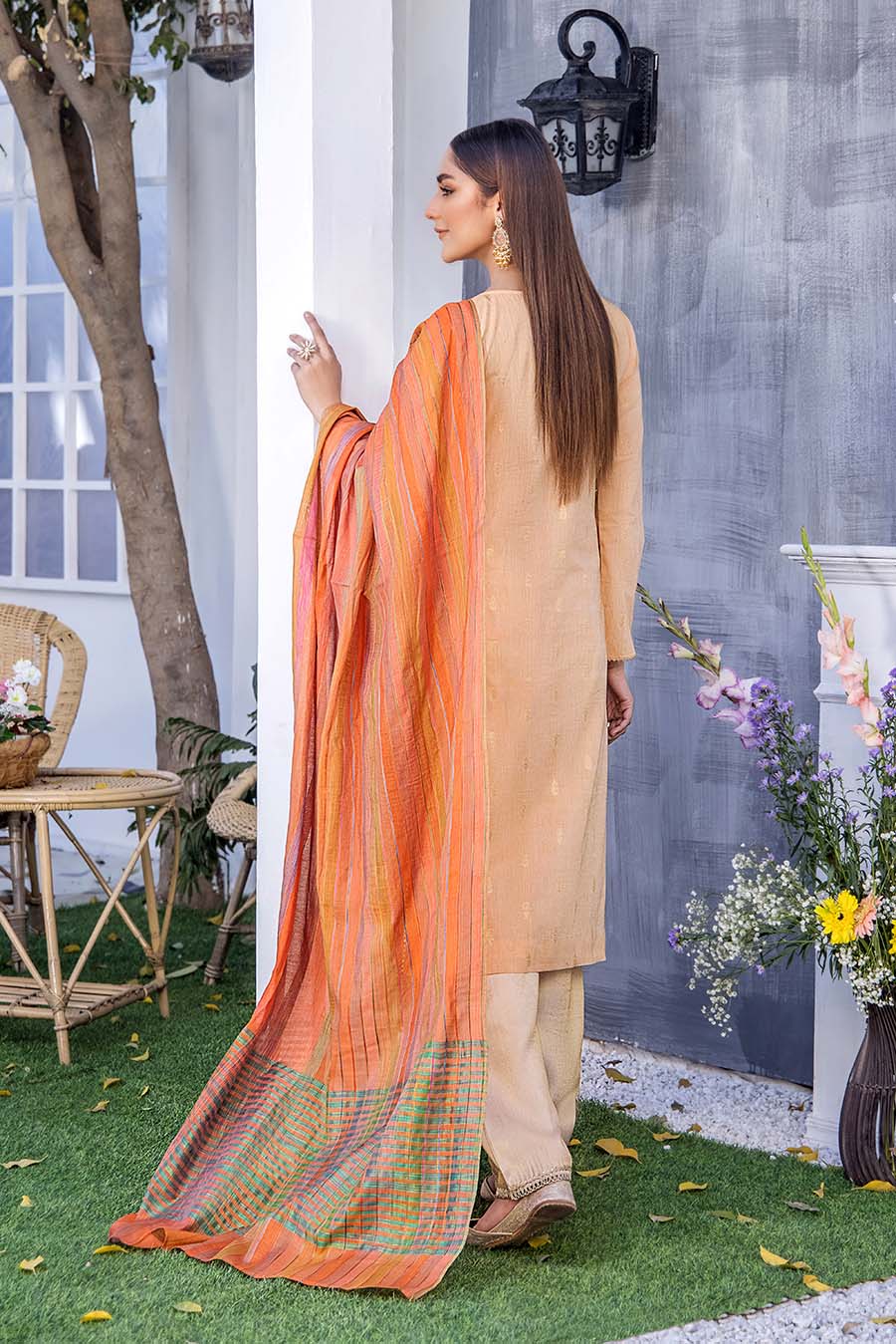 Khuda Baksh Creations Ladies Stitched 3Piece Suit F-127 Orange Peach