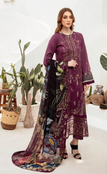 Ghazal By Ramsha Lawn Embroidered Suit G-205 Maroon