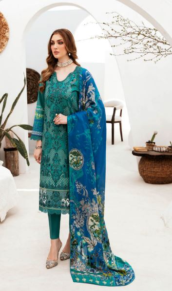 Ghazal By Ramsha Lawn Embroidered Suit G-206 D-Ferozi