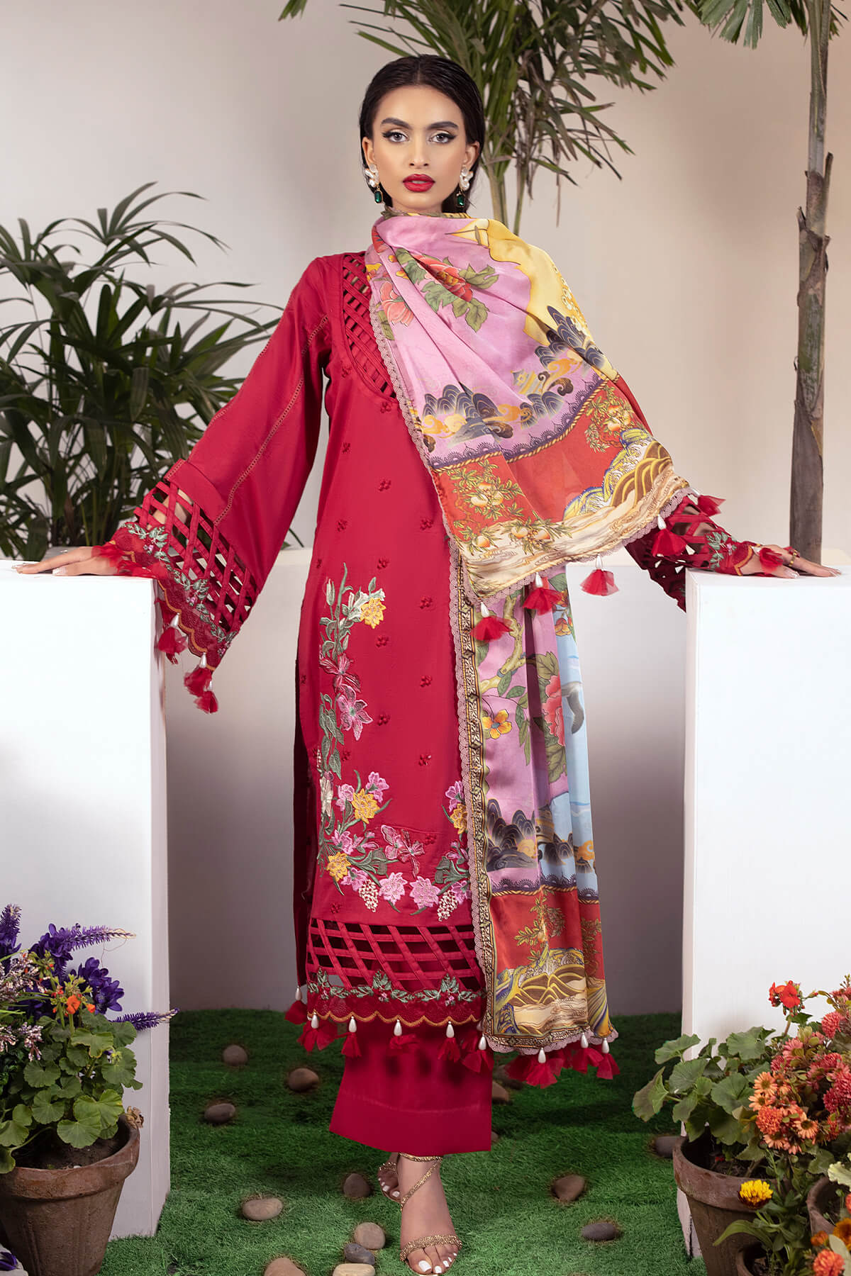 Orchard Of Daffodils  By Raeesa Lawn Embroidered Suit OD-02 Maroon