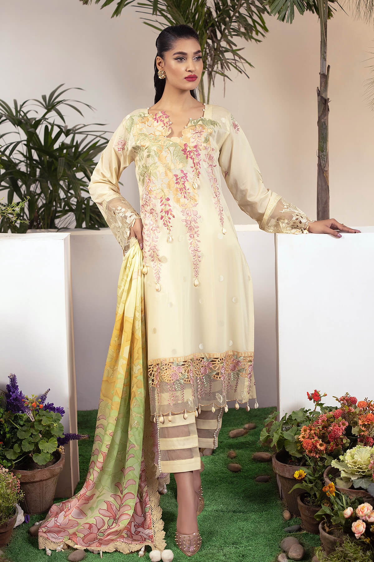 Orchard Of Daffodils  By Raeesa Lawn Embroidered Suit OD-08 Cream