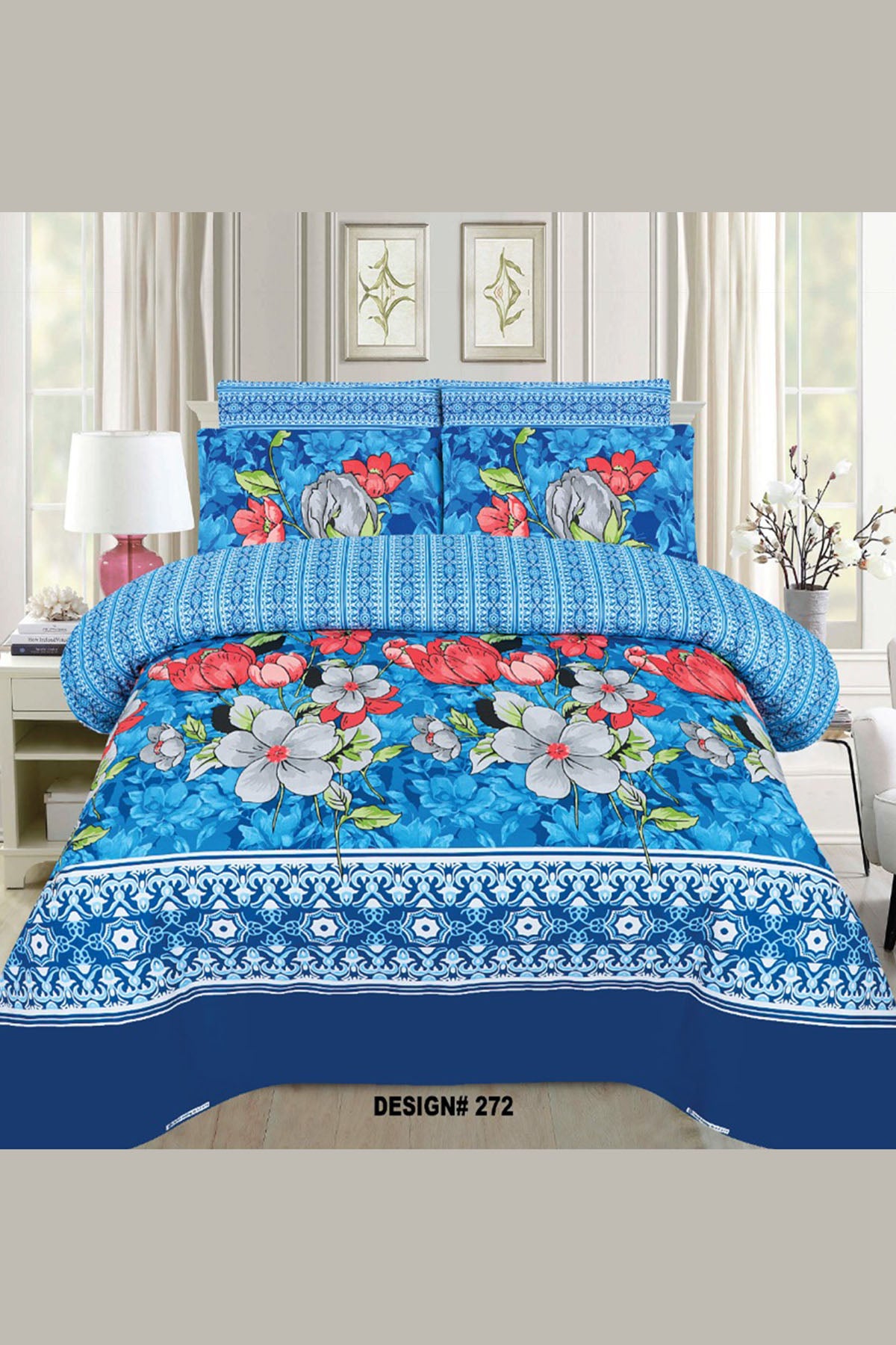 Soft Cotton 3Pc Printed Double Bed Sheet D-272 Blue