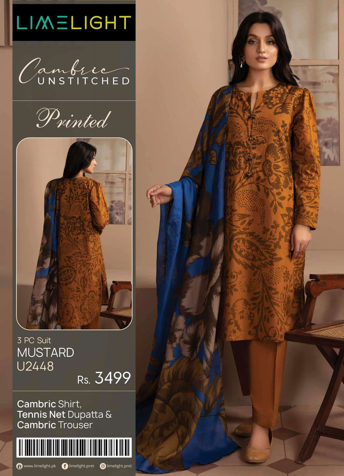 Limelight Cambric Printed Collection | Unstitched Ladies Suit U-2448 Mustard